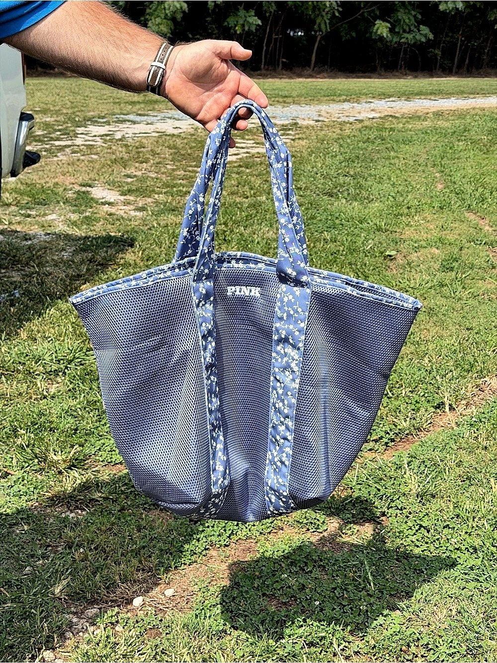 Victoria Secret Floral Mesh Tote in Blue & White